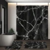 4pcs Waterproof Black Marble Pattern Polyester Shower Curtain Set, Fashionable Theme, Includes Hooks Accessories 3