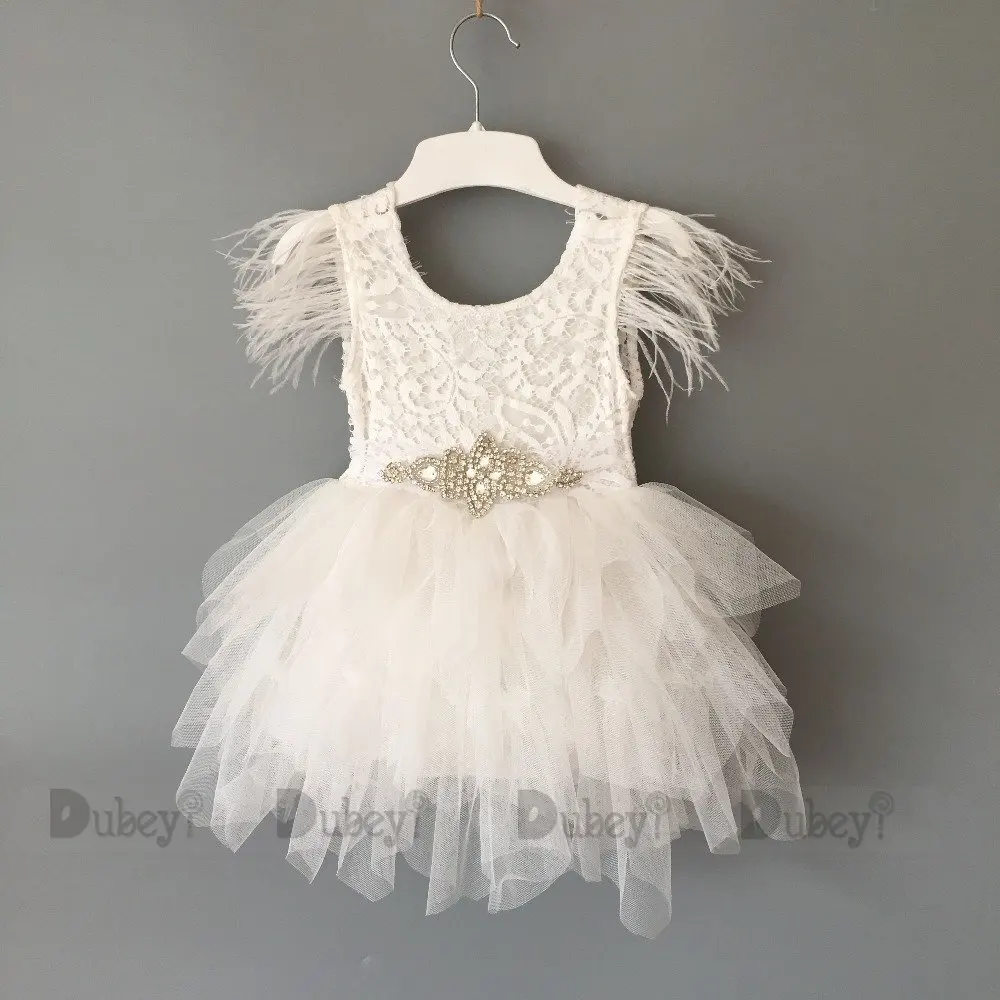 

Princess Baby Feather 1St Birthday Party Toddler Girls Lace Flying Sleeve Summer Dress Kids Tutu Clothing With Sashes