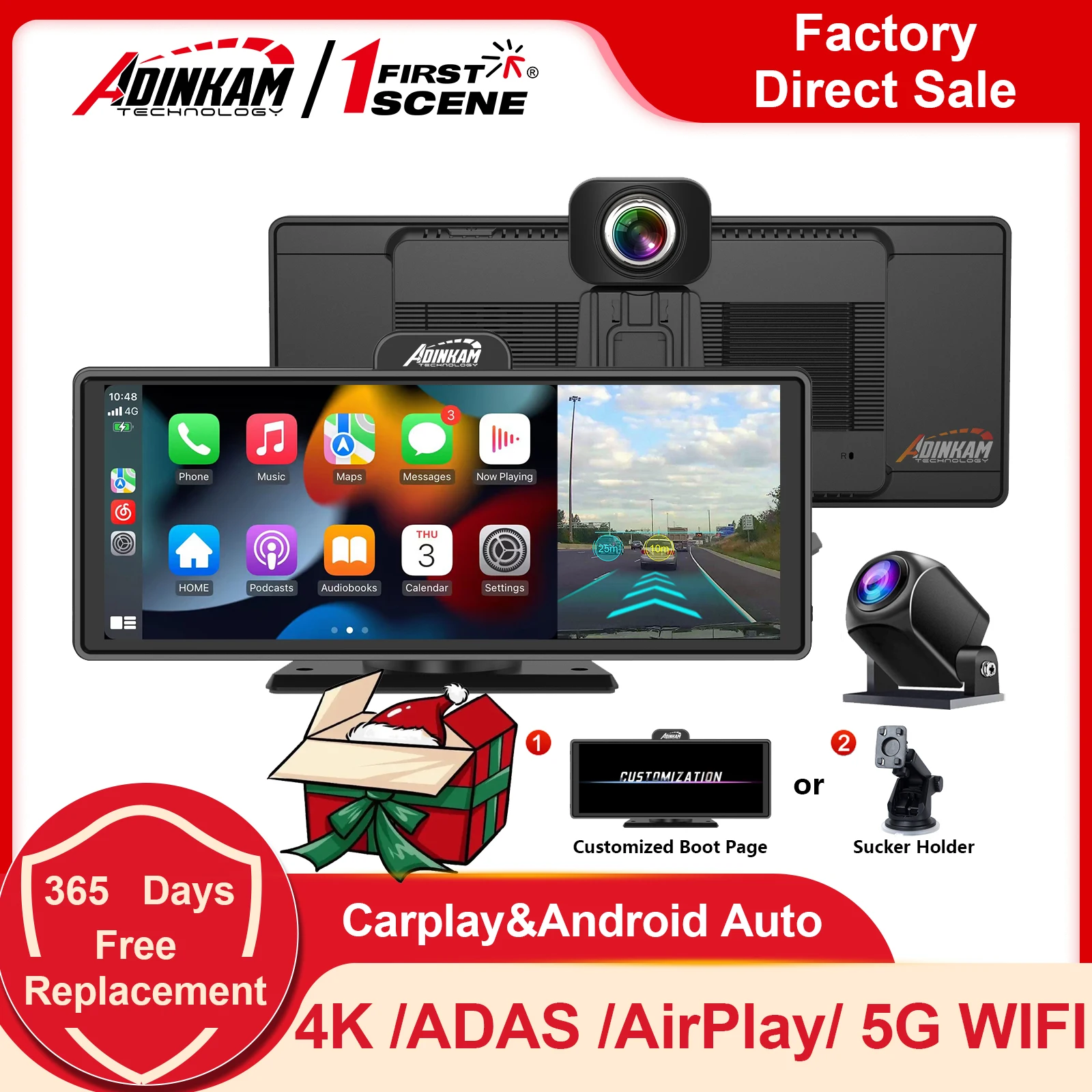 Aggiornato! 10.26 Pollici 5G Wifi Adas Usb Adinkam Aux Portatile Wireless Carplay Android Auto Airplay Miracast Dash Cam 4K Cruscotto