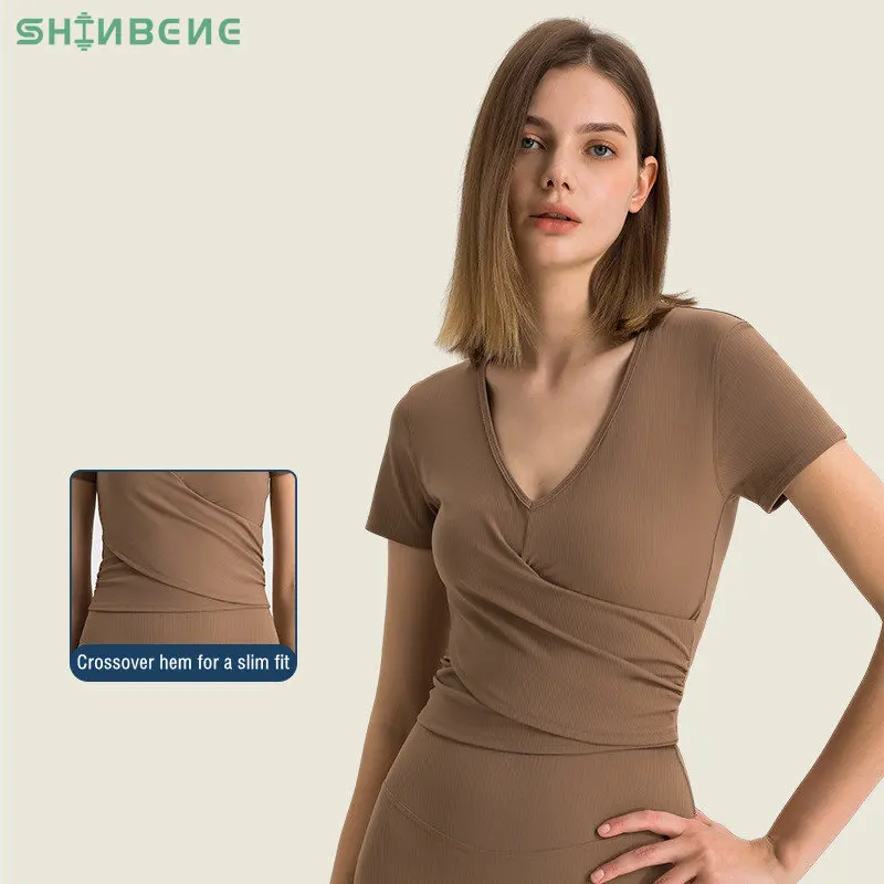 

SHINBENE Wholesale Women's Casual V Neck Short Sleeve Soild Basic Crop Top T-Shirt