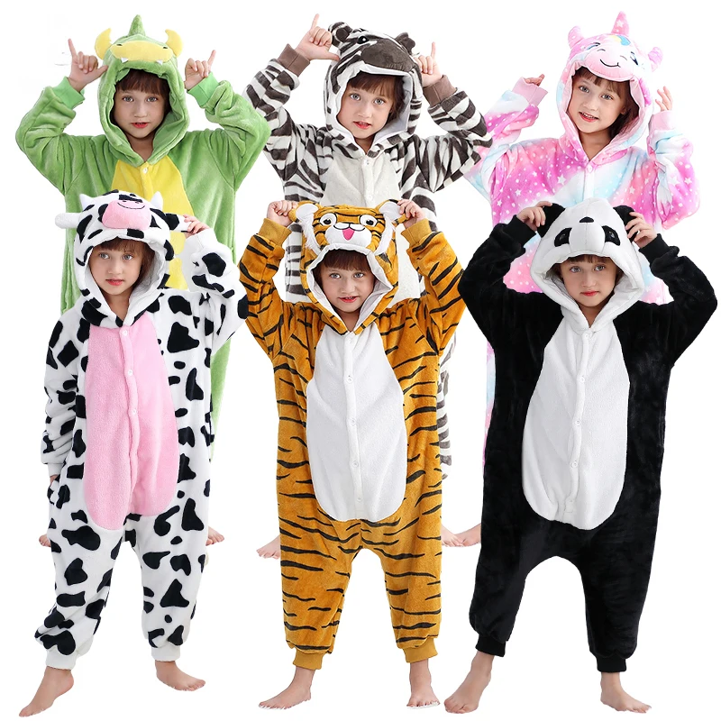 Animal Tiger Onesie Kigurumi Pajamas for Children Winter Warm Pyjamas Kids Jumpsuit Flannel Boys Girls Panda Unicorn Overalls