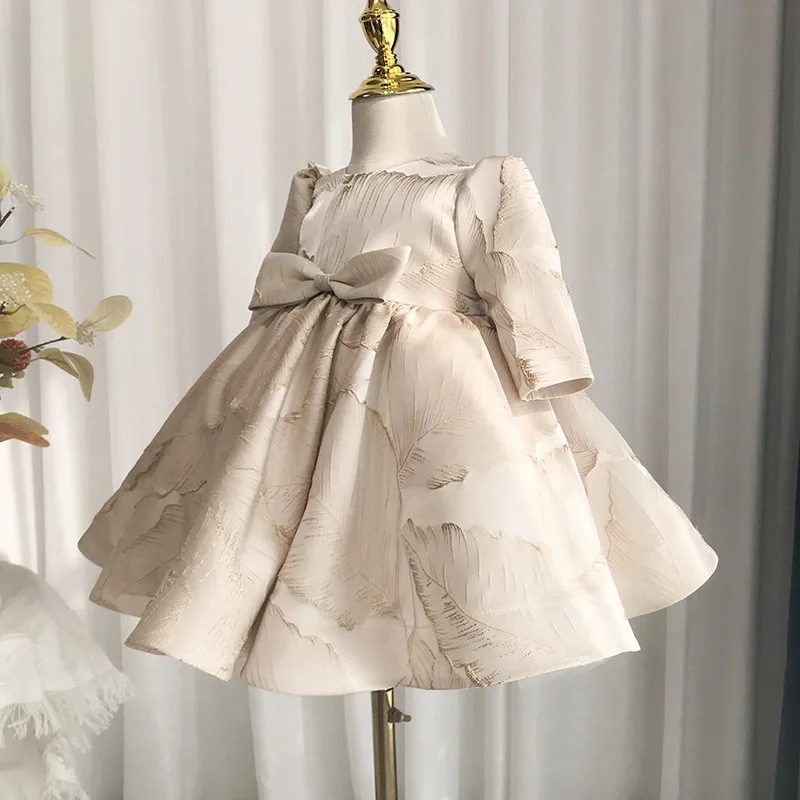 

2024 New Children's Birthday Baptism Dress Girls Cute Bow Design Long Sleeve Wedding Party Performance Dress
