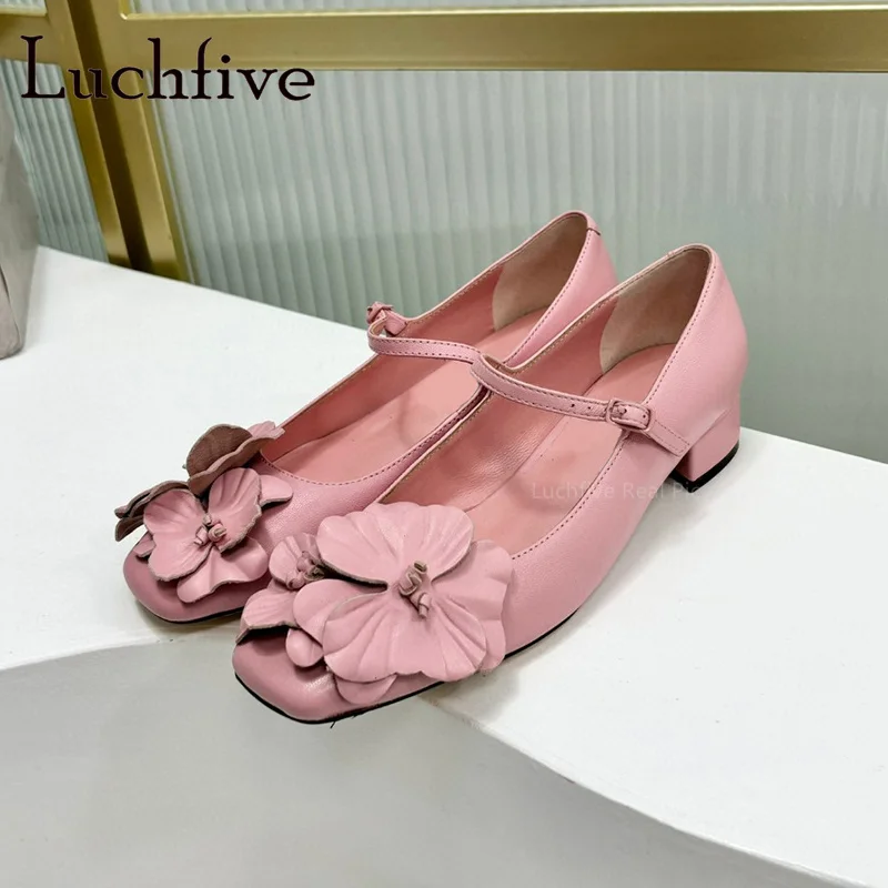 

High Quality Real Leather Flower Loafers Shoes Women Buckle Strap Square Heel Shoes Brand Casual Wedding Shoes Summer Shoes