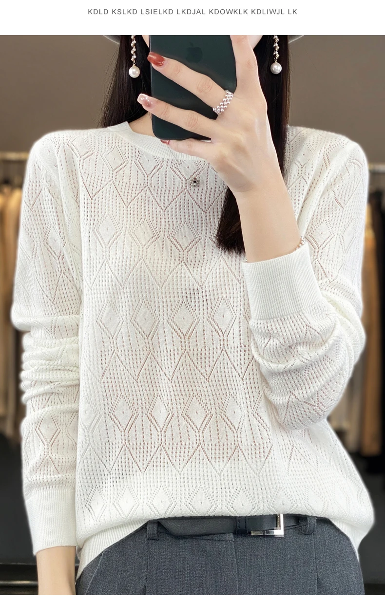 New Women Wool Blend Sweater Spring O-neck Geometric Hollow Pullover Fashion Soft Sweater Loose Casual Knit Base Tops