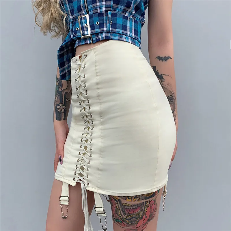 red skirt Punk Y2k Mini Skirt Women Summer 2022 Lace Up Patchwork Gothic Hippie New Streetwear High Waist Bodycon Eyelet Black Skirt Solid white skirt