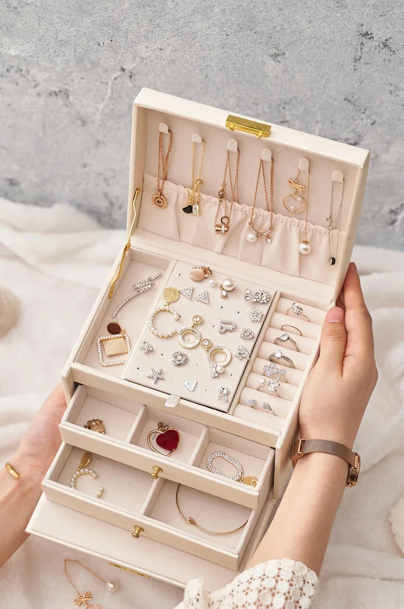 1 Three-layer Large Capacity Beaded Pearl Necklace Bracelet Ring Box Necklace Box Watch Storage Box Jewelry Earrings Box 01