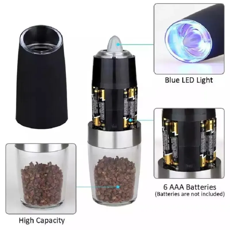 Electric Gravity Salt And Pepper Grinder Mill Set Stand Spice Jar