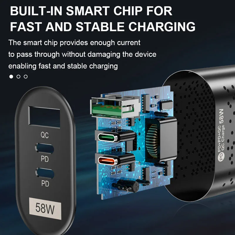 58W Dual USB C Wall Charger USB  Fast Charging 3 Ports for iPhone 15 Xiaomi 13 Huawei Samsung Mobile Phone Adapter