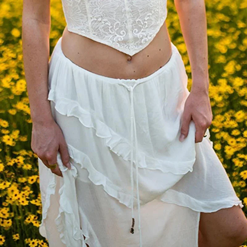 Women Split Low Waisted Tie Up Long Skirts Y2K White Trim Midi Skirts Women Fairycore Summer French Skirts Holiday Beach