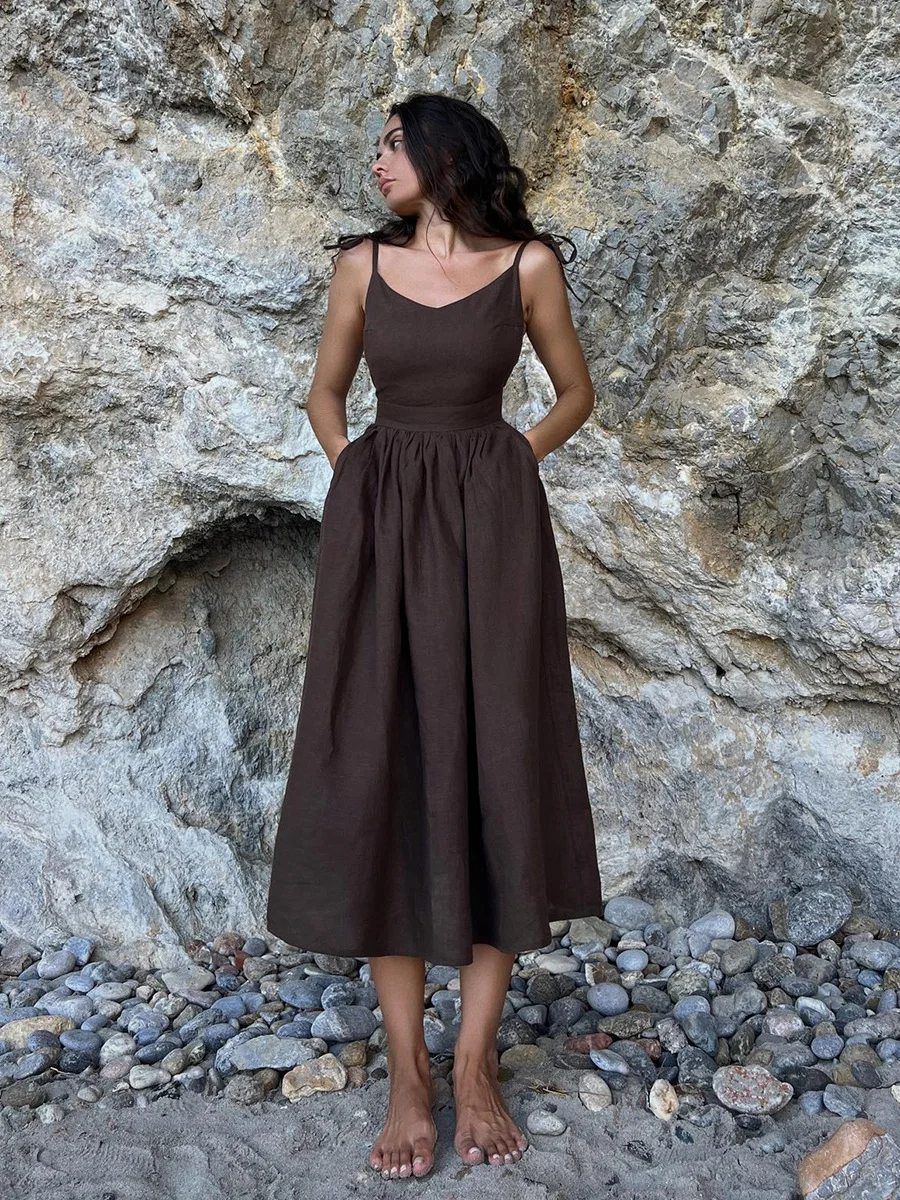 

Fashion Brown Linen Long Dress Women 2024 Elegant Lace-Up Pockets A-Line Dresses Summer Sexy Backless Party Pleated Dress
