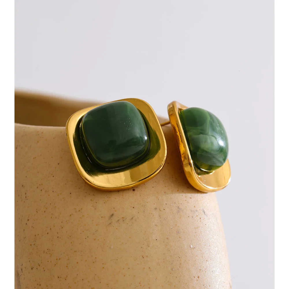 Yhpup White Green Resin Square Stud Earrings 18K Golden PVD Plated Stainless Steel Daily Wear Trending Jewelry Wholesale_voghion.com