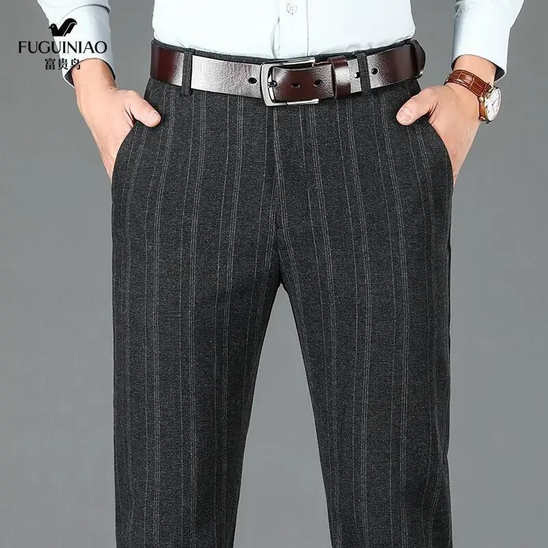 Autumn Winter Business Casual Striped Suit Pants Mens Brushed Straight Slim Fit Trousers for Men Thick Office Formal Dress Pants 2
