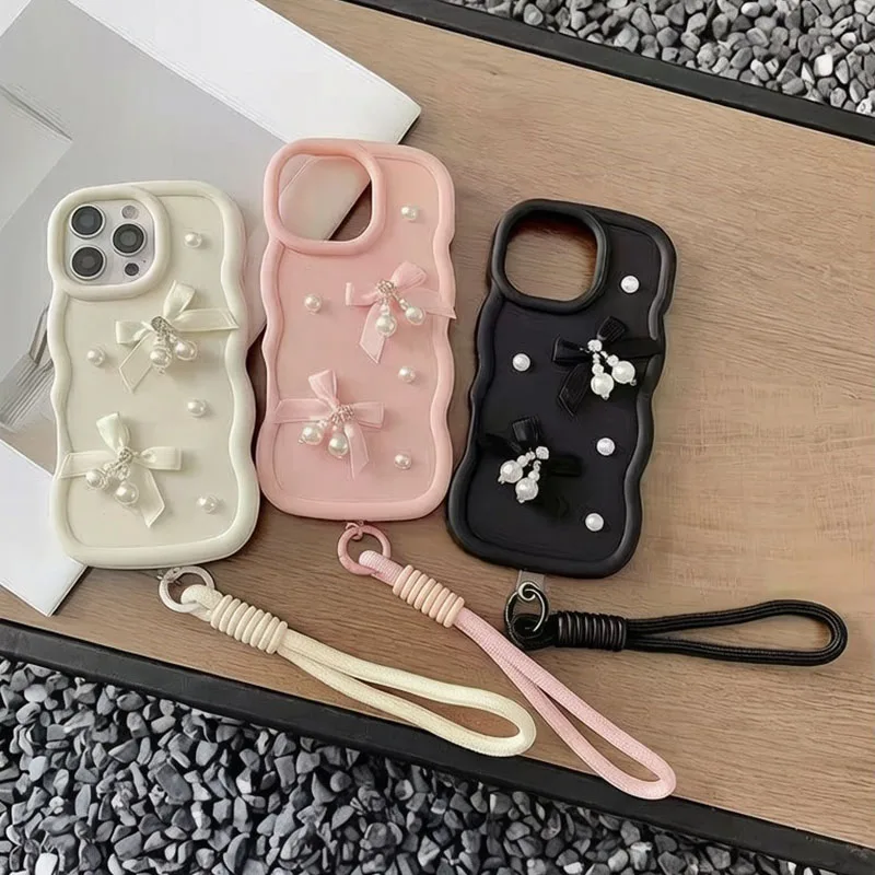 Charming Pearl Bowknot Soft Lanyard Phone Case