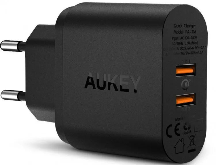 Power charger Aukey dual-port USB wall Quick Charge 3.0 color black (pa-t16) | Мобильные телефоны и аксессуары