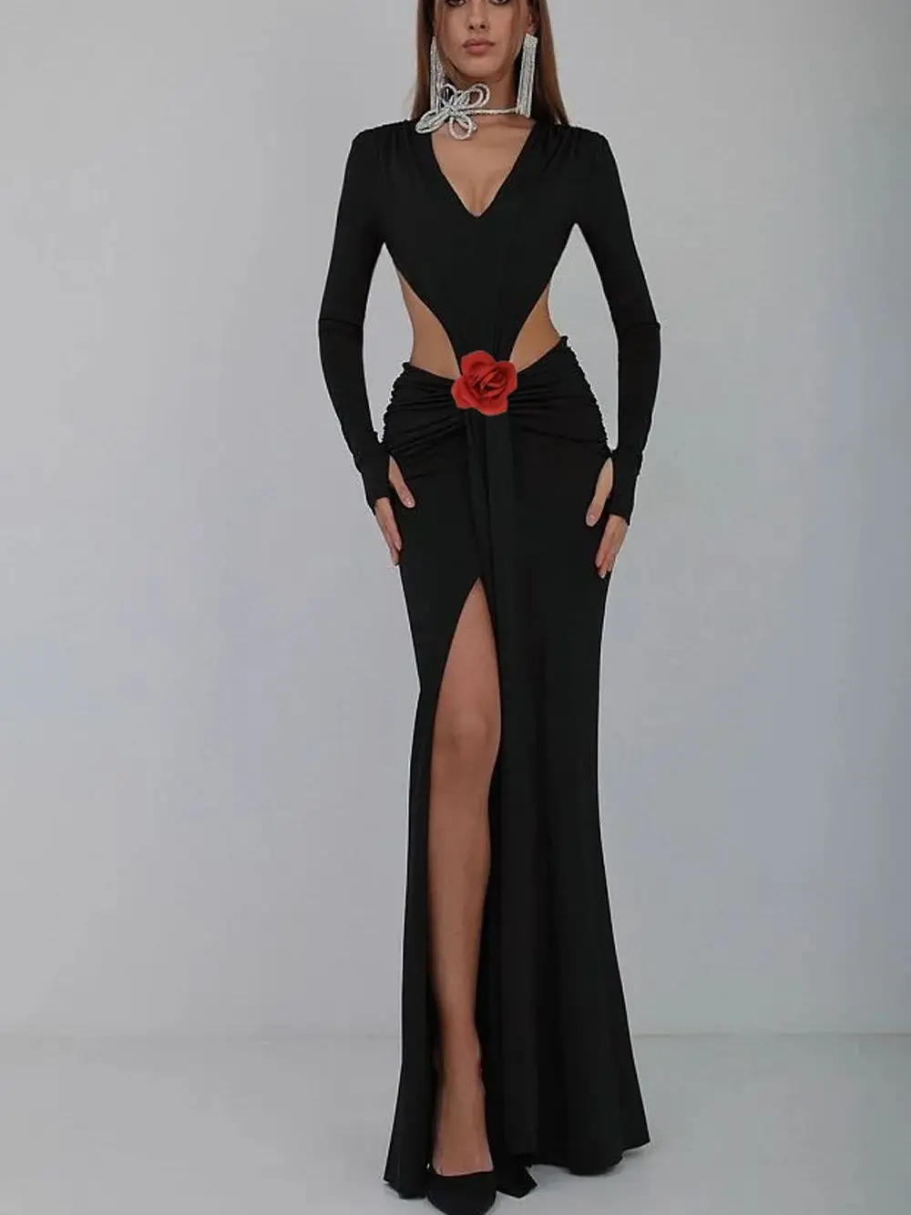 

New Women Luxury Sexy Long Sleeve Backless Flower Cotton Black Long Gowns Celebrity Elegant Evening Trumpet Party Maxi Dress