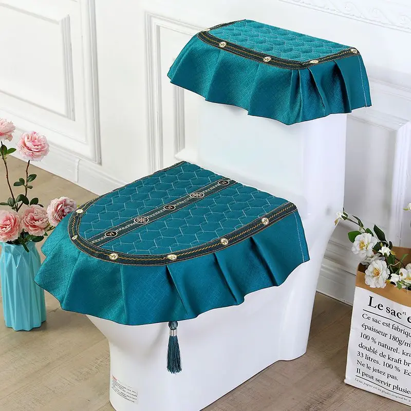 New 3 Piece Toilet Set Fabric Lace Potty Seat Zipper Household Four Seasons Toilet Mat Double-Sided Seat Cover
