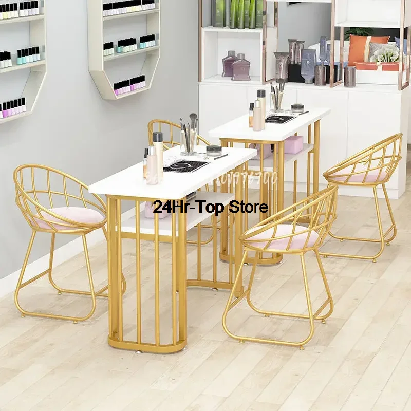 

Nordic fashion simple and generous imitation marble pattern nail table chair set wrought iron single double triple nail table