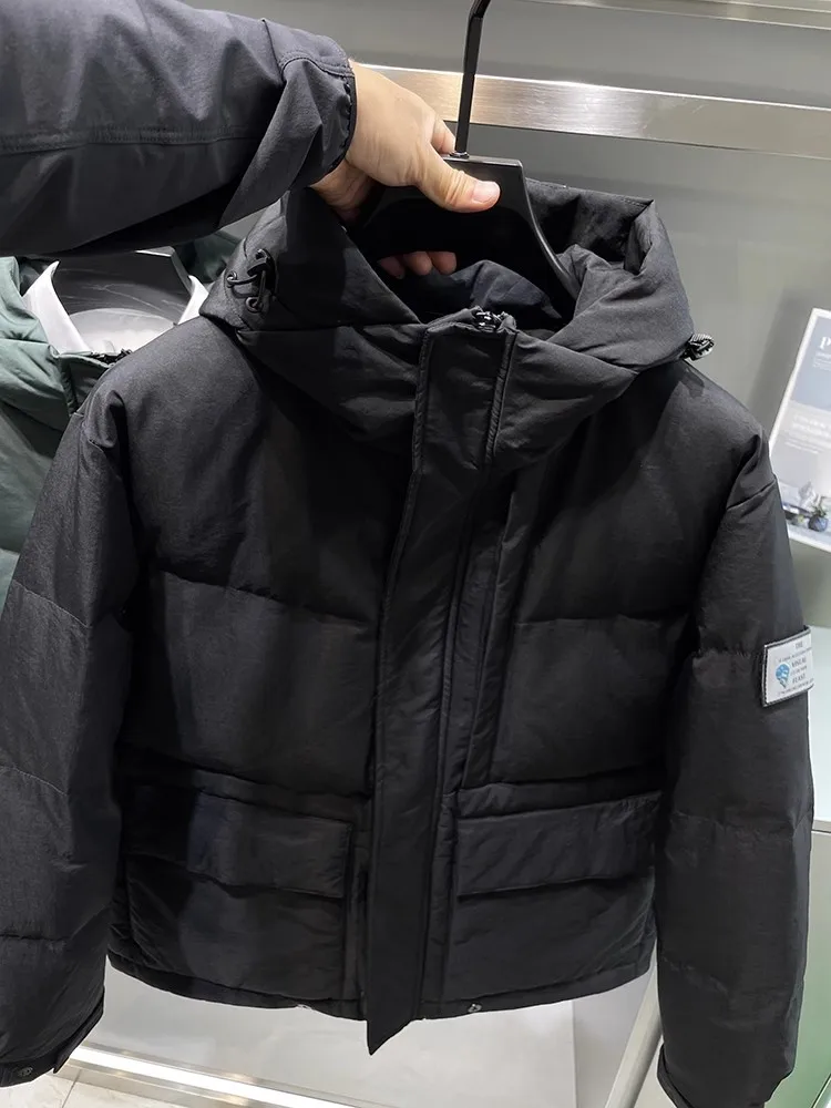Fashion Winter Warm Mens Down Coat Stand Collar Streetwear Hooded Windbreak Outerwear Zipper Long Sleeve Men Casual Short Jacket