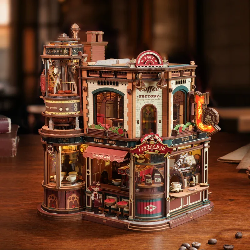 ROKR Dream Coffee Factory 3D Holzpuzzle Holz-Musikbox Weihnachten Holzmodellbausätze Beste Geschenke für Kinder Erwachsene EAB02