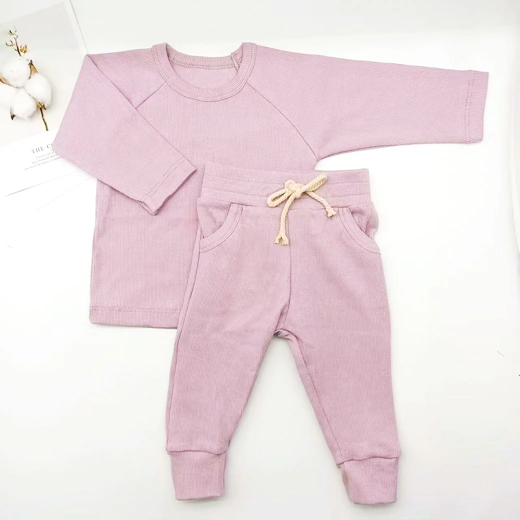 Autumn Infant Pink Color Girls Long Sleeve O-Neck Ribbed Cotton Children Pajamas Clothes