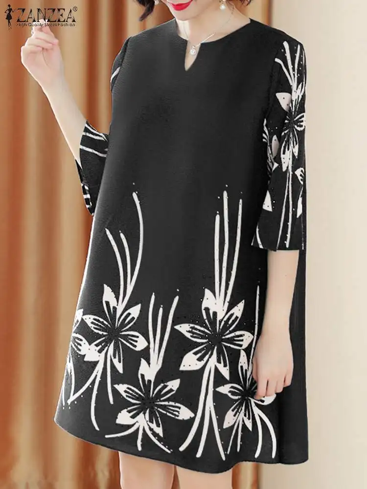 

ZANZEA Vintage Floral Print Dress Women Casual V-Nack Robe 2024 Spring Loose Holiday Vestidos Elegant 3/4 Sleeve Short Dresses