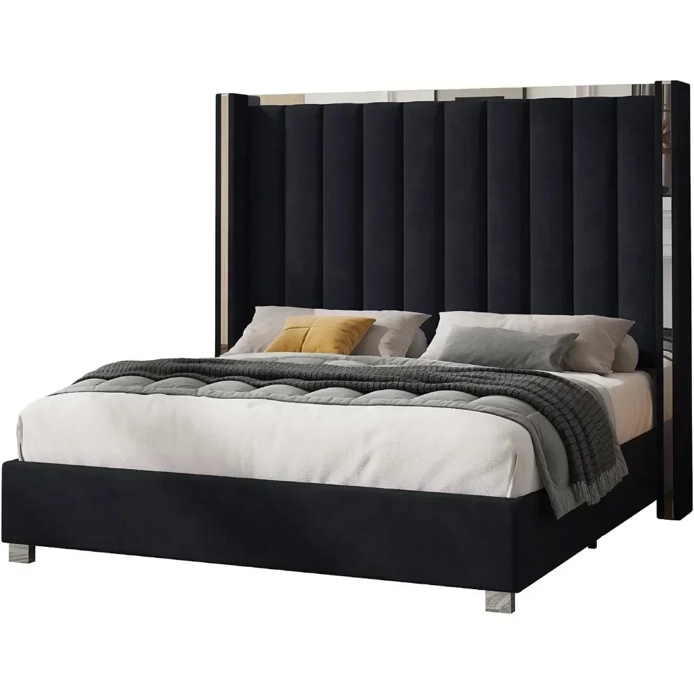 King Size Bed Frame with 58" Tall Headboard, Velvet Upholstered Platform Bed with Wingback Headboard and Plating Trim 6