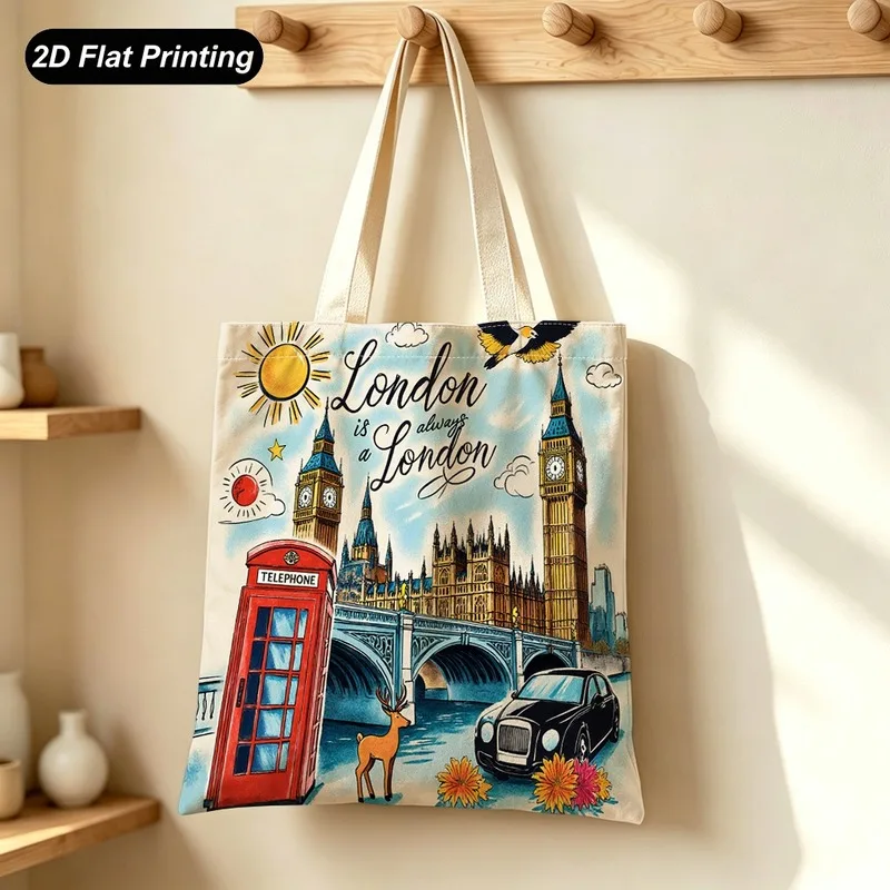 1PC【Tote Bag】Chic London-Style Printed Tote - Large Capacity for Shopping, Travel, and Daily Commute
