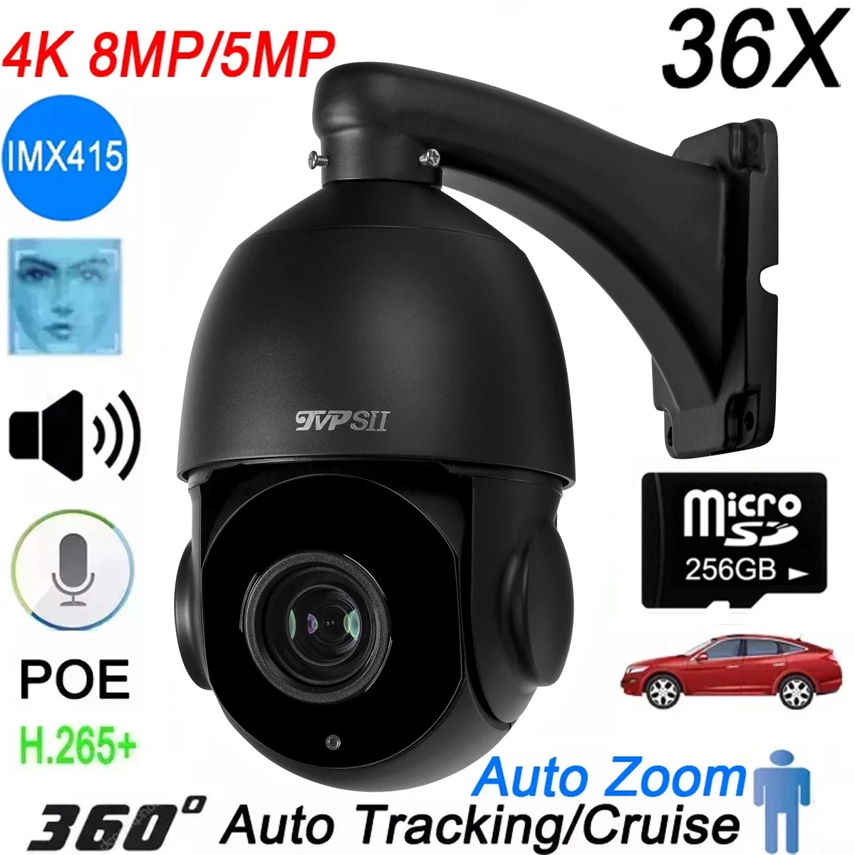 

Auto Tracking 8MP 4K IMX415 H.265+ 36X Optical Zoom 360° Rotation Audio Outdoor ONVIF POE PTZ Speed Dome Surveillance Camera