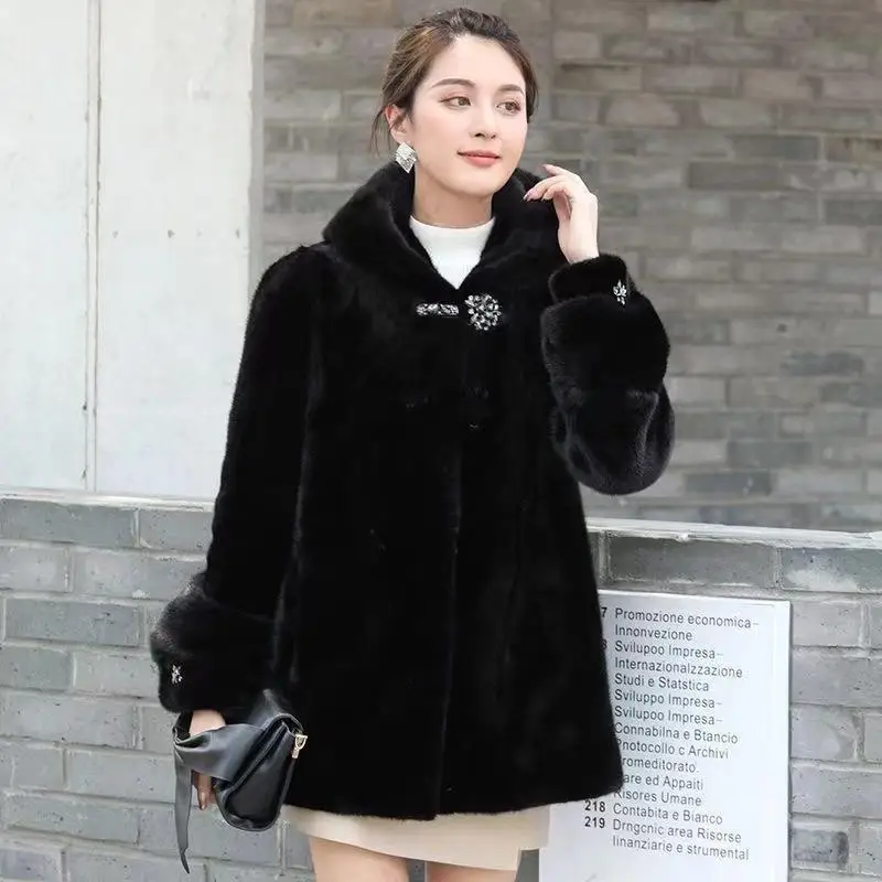 2023 New Women Faux Mink Skin Fur Coat Mid-Length Thickened Warm Hooded Parkas Winter Female Fashion Casual Solid Color Outwear luxurious mid length faux fur coat women hooded mink cashmere slim fit solid long sleeve warm single breasted noble fur coats