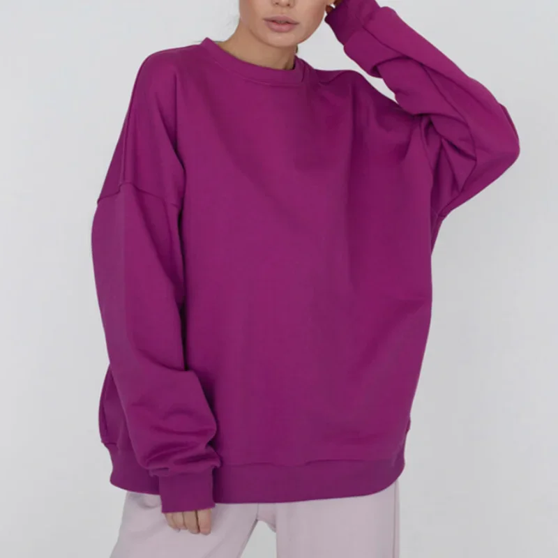 Purple Round New Neck Cotton Loose Pullover Woman Clothes Long Sleeve Simple Winter Sweatshirt Women Fashion Casual Sporty 2021
