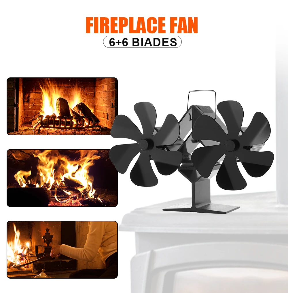 12 Blades Heat Powered Stove Fan Double-Head Log Wood Burner Stands Fireplace Fan Quiet Home Heater Efficient Heat Distribution