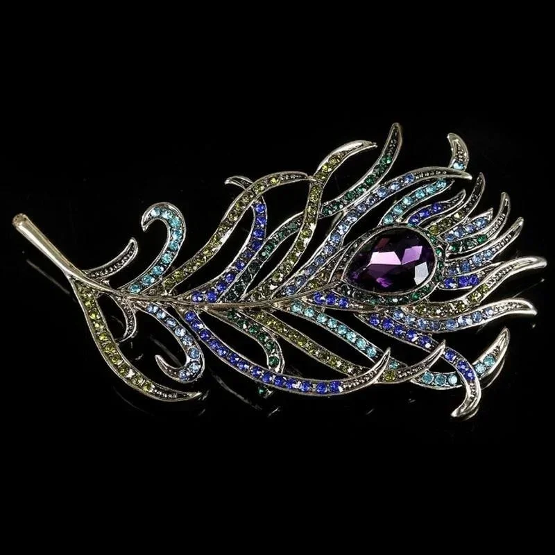 Retro Peacock Feather Brooch Pin Elegant Lapel Scarf Coat Rhinestone Dress Decor Jewelry Accessory Women Birthday Brooches Gift