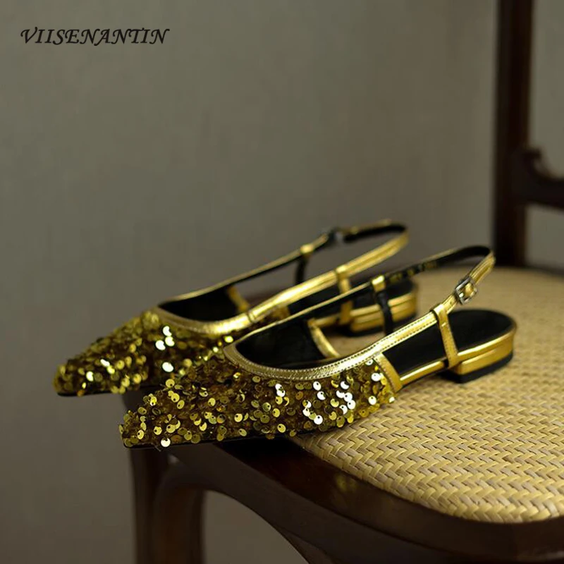 

Pointed Toe Slingback Sandals for Women 2024 Newest Sliver Gold Glitter Sequine Buckle Strap Flat Heel France Style Fairy Shoes
