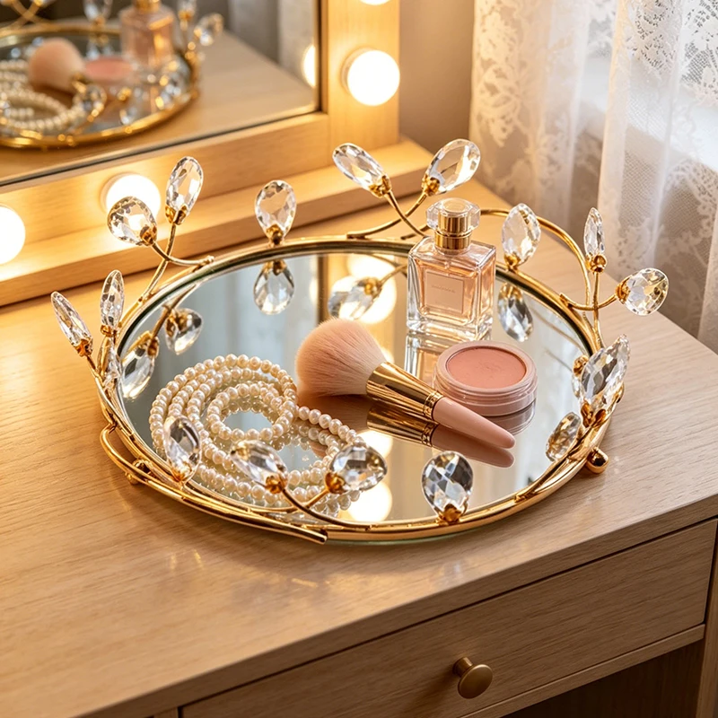 Vassoio Decorativo di Lusso con Superficie a Specchio, Vassoio Vintage per Cosmetici e Gioielli, Vassoio Creativo per Candele da Scrivania - immagine 3