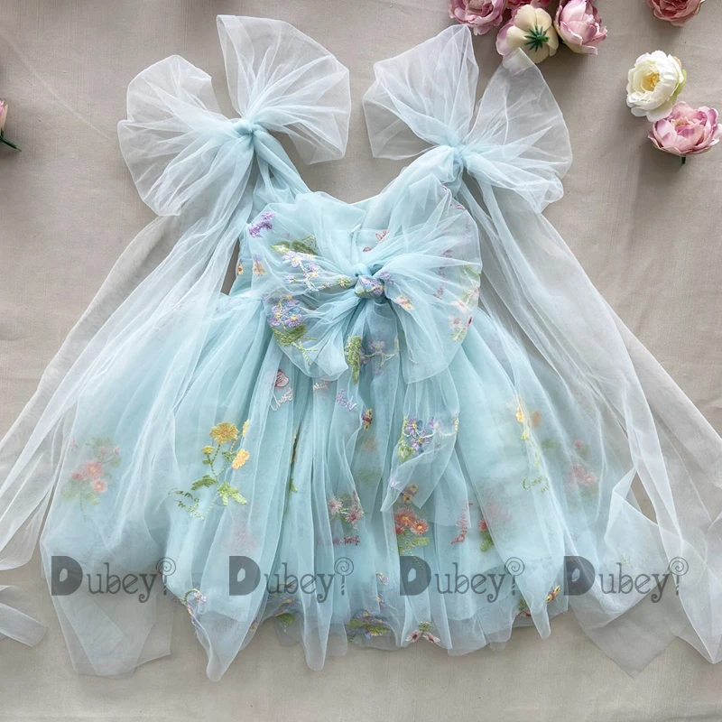 Baby Floral Bow Sleeveless Summer Dress - Embroidered Ballerina Tutu Outfit