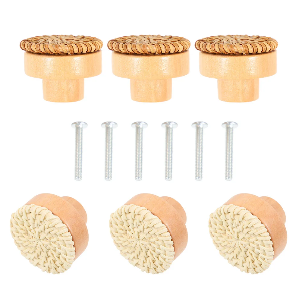 

6pcs Bohemian Dresser Knobs Wooden Drawer Decorative Knobs Rattan Cabinet Pulls Furniture Handles