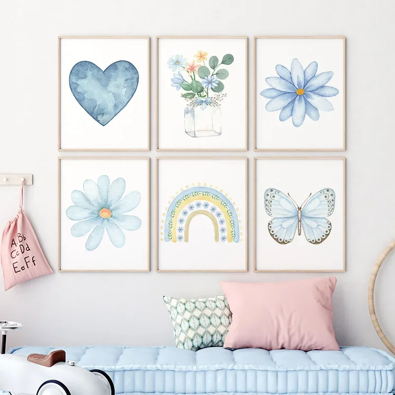 

Watercolor Blue Rainbow Flower Butterfly Heart Nursery Wall Art Canvas Painting Posters And Prints Pictures Baby Kids Room Decor