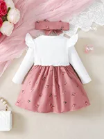 2pc/Set childrens' baby girl Dress Color blocking Broken flowers Big Bow Princess Dress+Headband 0-24 Months Baby Fashion Dress 2