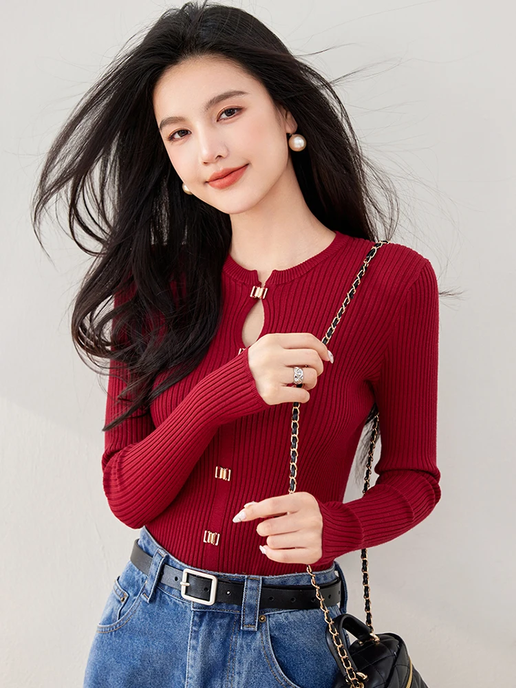 Ribbed Crewneck Sweater    Women’s slimming crew neck pullovers knitted tops for woman Fall Autumn elegant simplicity long sleeves casual round O-neck sweaters wfh office workwear outwear Fashion Versatile outerwear womens rib slim fit tank top cardigans in red