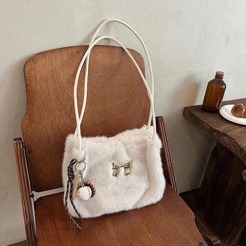 Baseball Pendant Tote Bag Solid Color Ladies Bag Stylish Bow Decor Shoulder Bag Versatile Plush Bag for Women