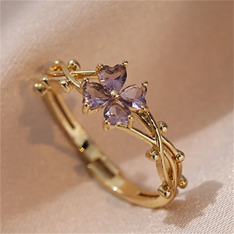 Purple Zircon Flower Index Finger Rings For Women Gold Color Adjustable Charm Wedding Bands Girls Bar Party Jewelry Gifts CZ