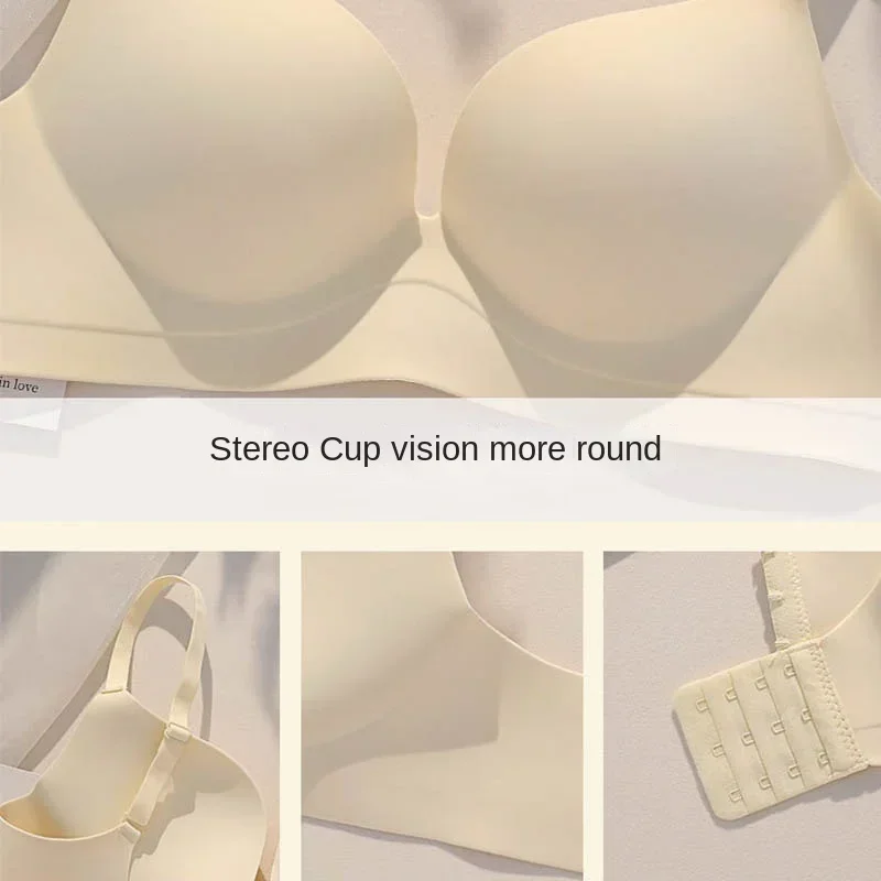 Women Gathered Seamless Lingerie Solid Small Breast Wireless Push Up Bra One Piece Thickened Comfortable Anti Sagging Invisible 4