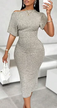 Women's Fashion Solid Color Asymmetric Shoulder Textured Fabric Dress 1