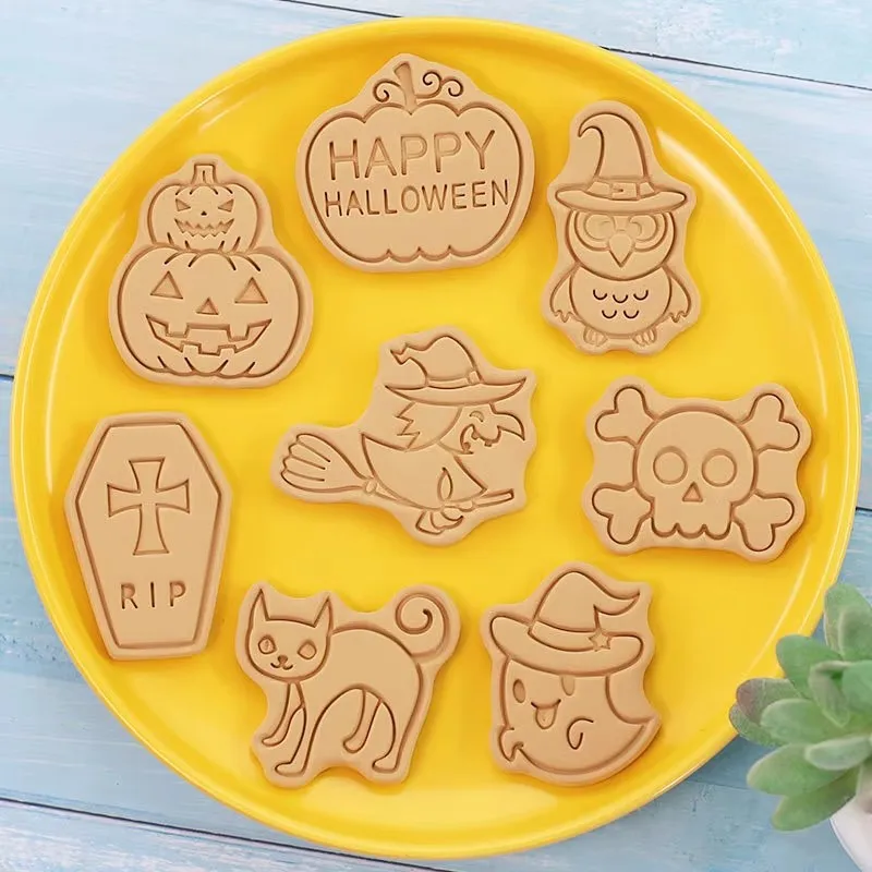 Halloween Cookies Cutters Cartoon Pumpkin Pressable Biscuit Mold Plastic Confectionery Fondant Cookie Stamp Baking Pastry Tools