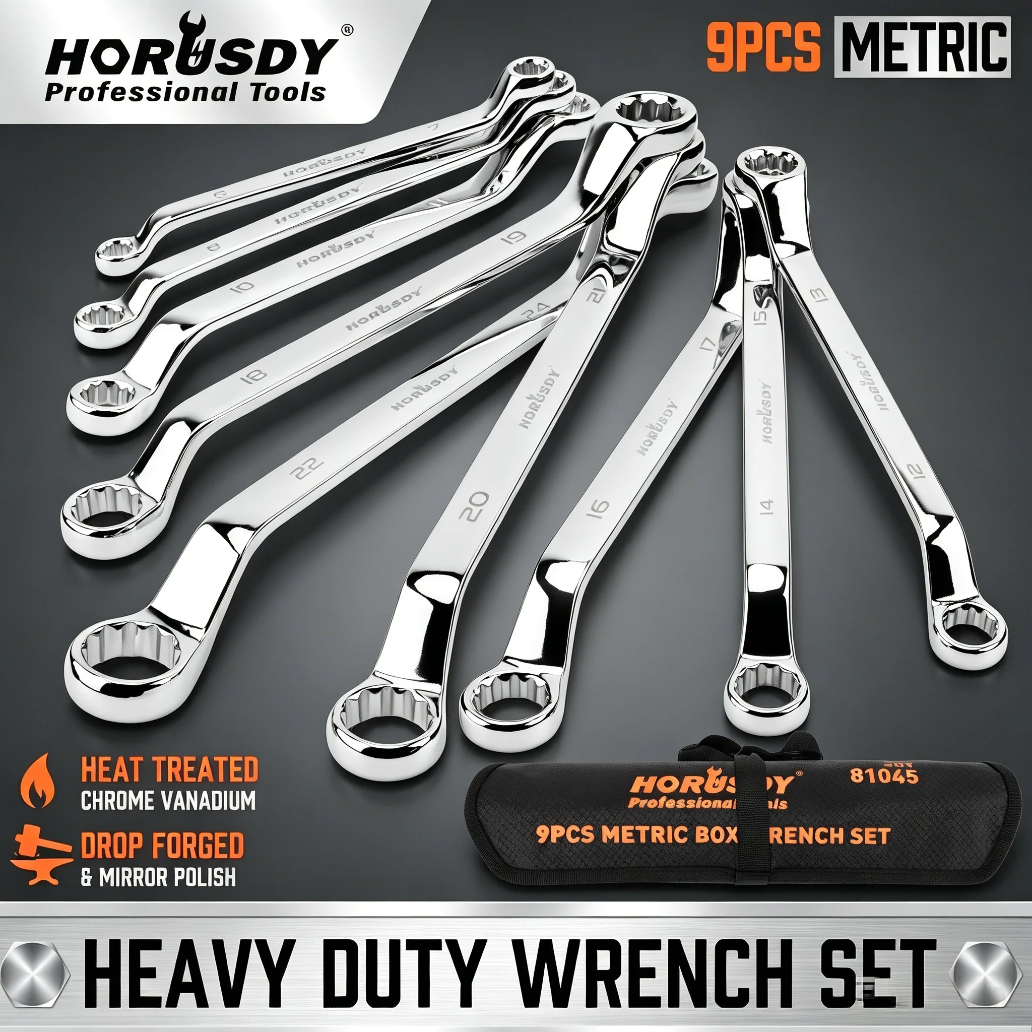 HORUSDY 9 יחידות סט מפתחות ברגים עם זווית של 50 מעלות, מטרי 6-24mm CR-V פלדה כבדה עם נרתיק מתגלגל לתיקון רכב