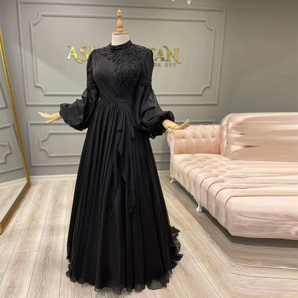

Xijun Black Arabic Muslim Evening Dresses Long Sleeves High-Neck Beading Sequined A-Line Modest Prom Dress Formal Party Gowns
