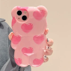 Korean Cute Pink Love Heart 3D Bear Phone Case - Stylish Silicone Shockproof Soft Cover - iPhone 15 Plus (A)