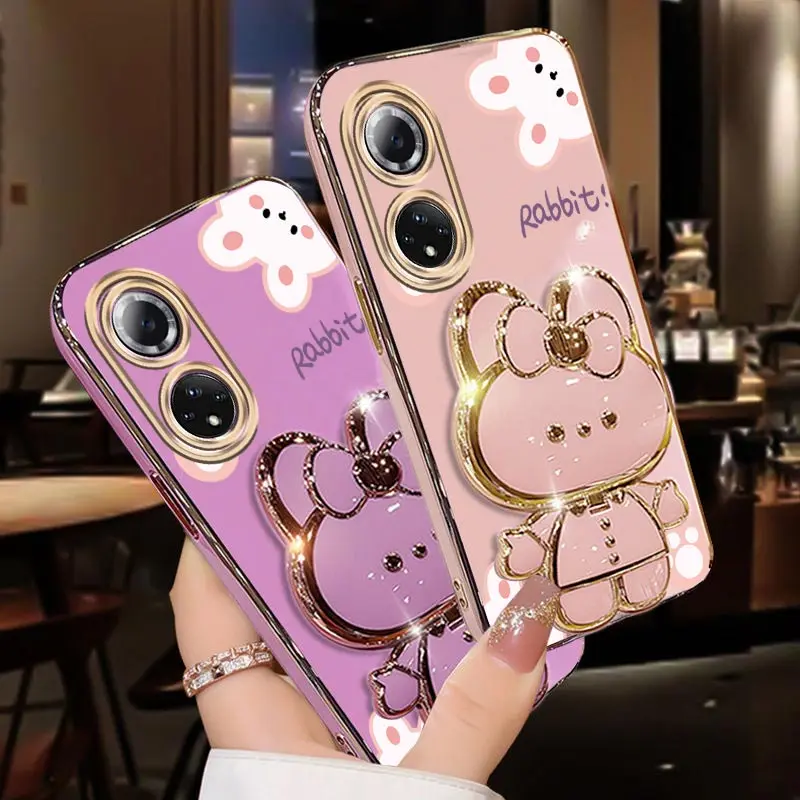 Diamond Wrist Strap Mirror Rabbit Phone Holder Case with Stand