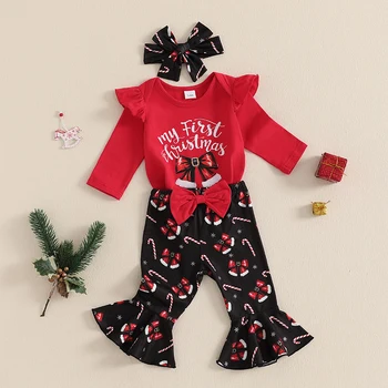 Baby Girls Christmas Outfits Autumn Clothes Bow Print Long Sleeves Romper and Elastic Flared Pants Headband 3 Pieces Set 2