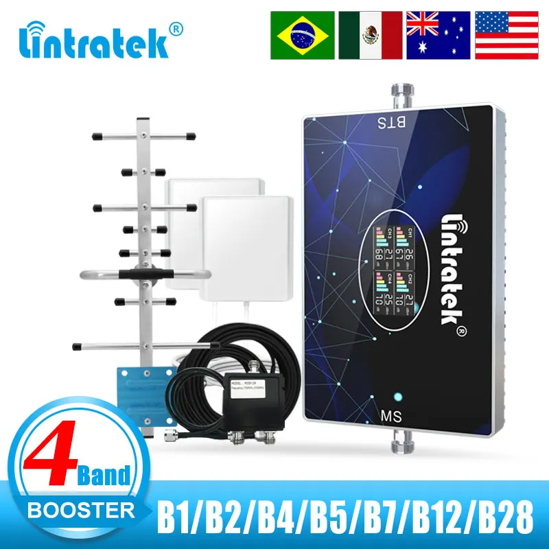 

Lintratek 4 Band Cellular Amplifier B28 700 900 1800 2100 MHz 850 1700 1900 B7 GSM 2G 3G 4G Signal Booster 2-Way Repeater Kit